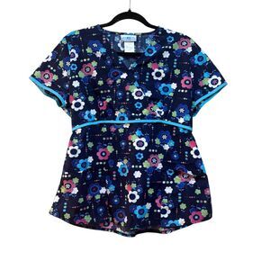 SB Scrubs Floral Print Blouse - Blue and White
